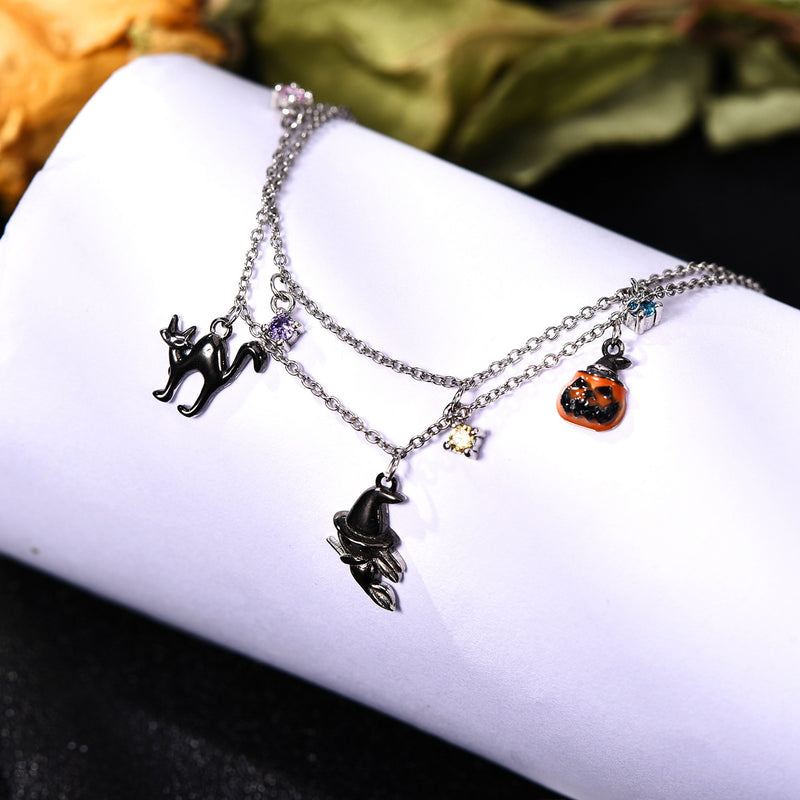 Halloween Pumpkin Witches black cat Layered Sterling Silver Bracelets