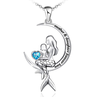 Double Mermaid Crescent Moon Sterling Silver Necklace