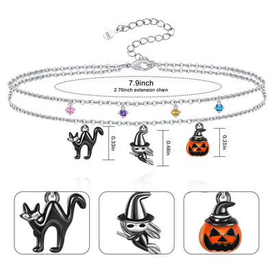 Halloween Pumpkin Witches black cat Layered Sterling Silver Bracelets