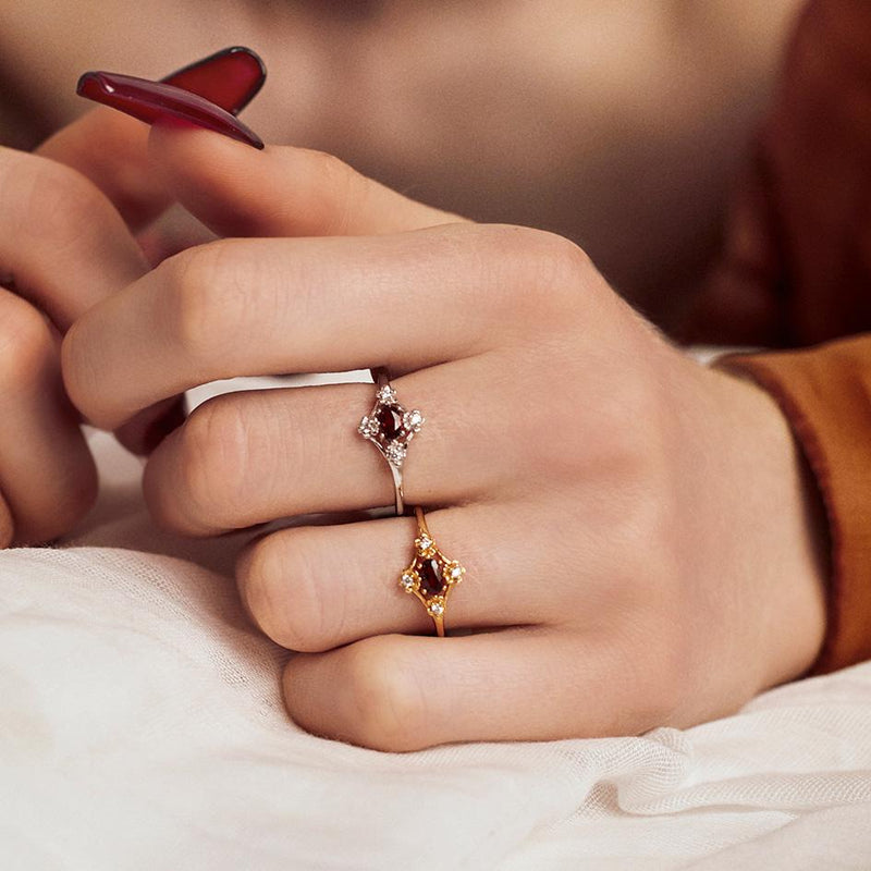 Ornate Garnet Floral Ring - Gold